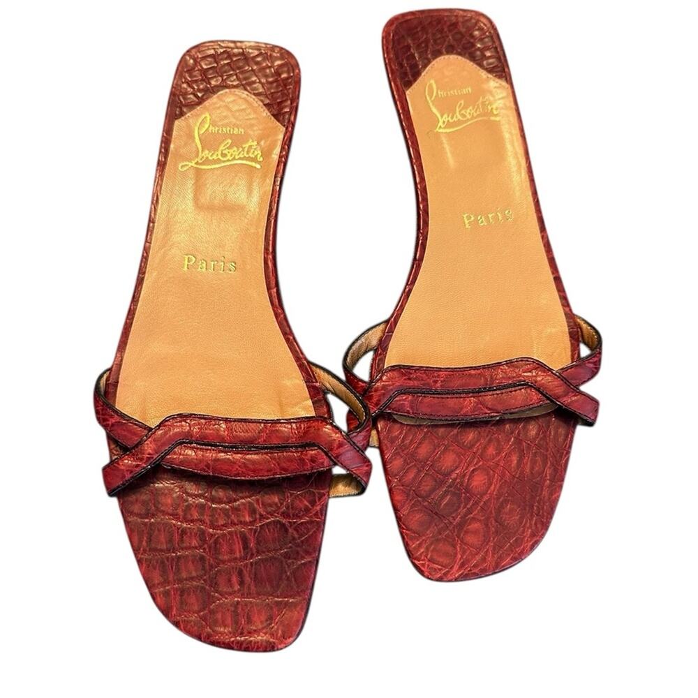 Christian Louboutin Burgundy Croc-Pattern Flat Sandals